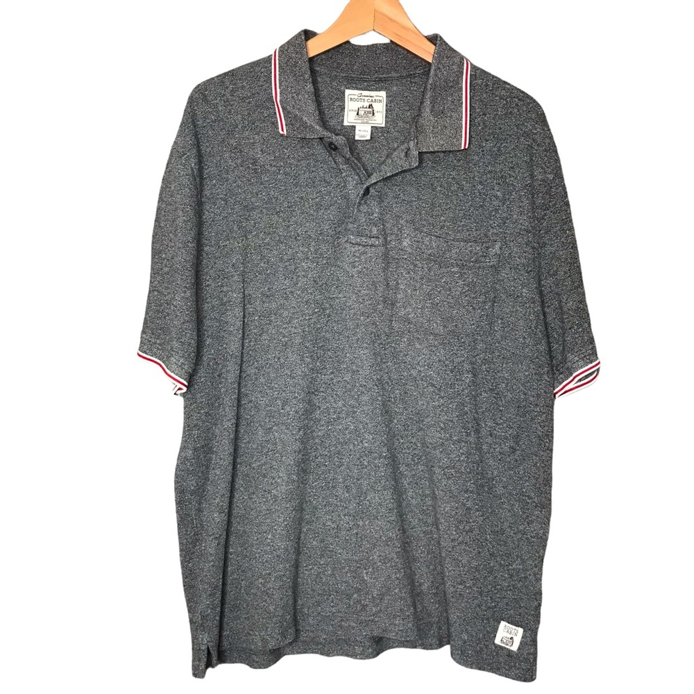 Roots Cabin Polo Shirt Cotton Salt and Pepper Stripes Short Sleeve Men's XL